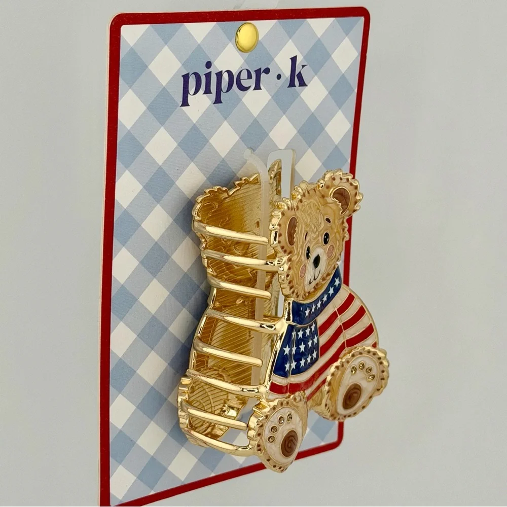 Piper K Americana Teddy Bear Claw Clip Gold Tone Rhinestones